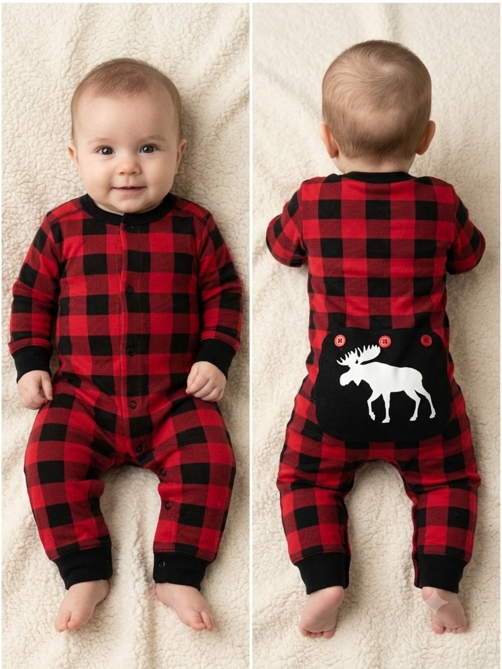 Red and Black Buffalo Plaid Baby One-Piece Bodysuit with Moose Patch 3/6M  C8